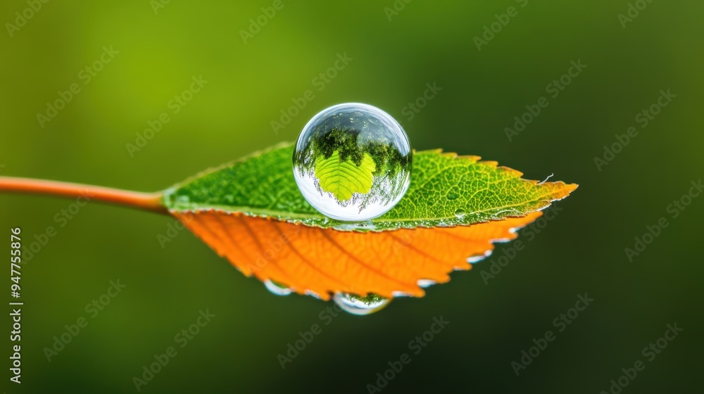 Poster a macro shot of a raindrop clinging to a leaf, highlighting its spherical shape and the reflection o
