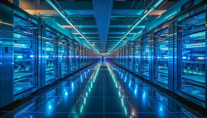 Fototapeta premium Gang in einem futuristischen, mit Server Racks bestückten Computer Rechenzentrum, Cloud Verbindungen, Generative AI