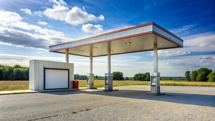 Naklejka premium Rural gas station with gravel parking lot and empty signboard