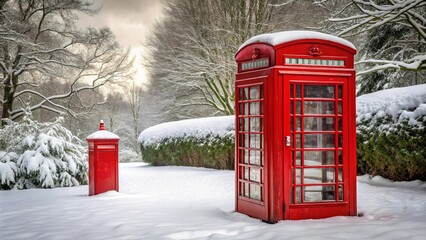Red telephone booth and post box standing out against a snowy backdrop