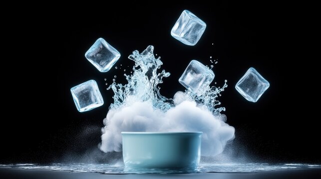 A still life composition featuring ice cubes, liquid water, and steam rising from a boiling pot, illustrating the different states of matter.