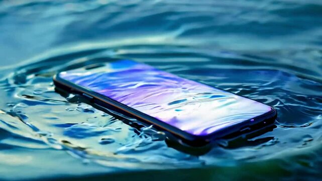 水に浮かぶスマートフォンの画面が、一時的に点灯する動画