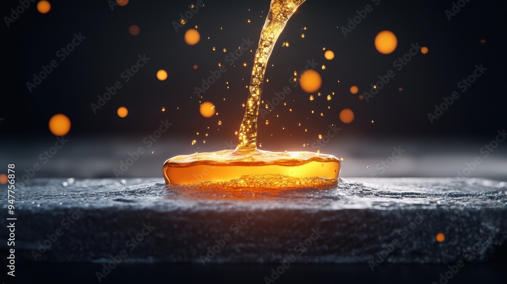 Poster an artistic photograph of a liquid being poured into a mold, showcasing the transformation from a fl