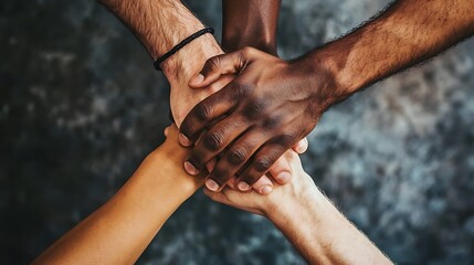 Harmony in Diversity: Hands of Various Skin Tones Joining Together for Global Unity and Peaceful Cooperation in Soft Light Close-Up