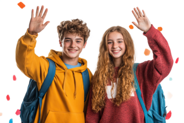 Students smiling and waving with backpacks.