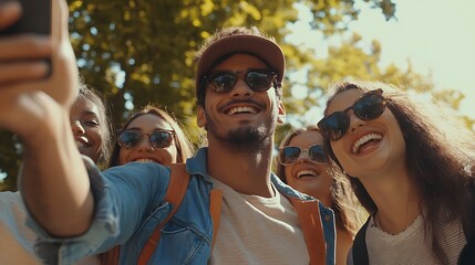 Fototapeta premium Capturing Global Harmony: Diverse Friends Enjoying an Outdoor Event and Taking a Joyful Group Selfie on a Bright Day