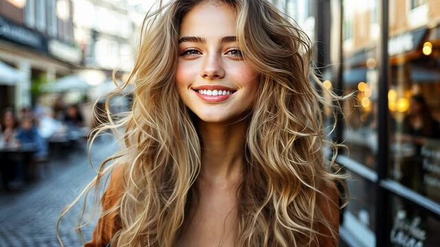 A cheerful young woman confidently walks along a bustling street filled with outdoor dining options. Her beautiful, voluminous hair adds to her vibrant presence in the lively atmosphere.