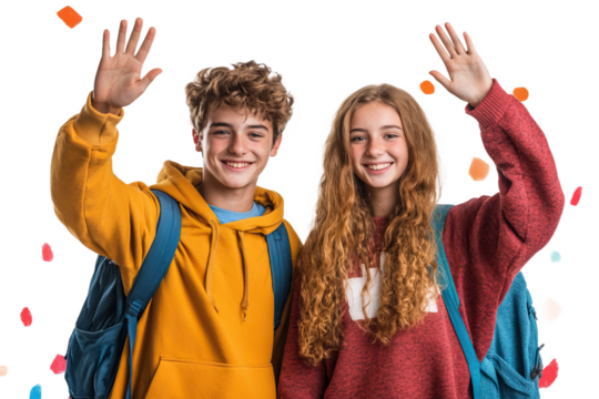 Students smiling and waving with backpacks.