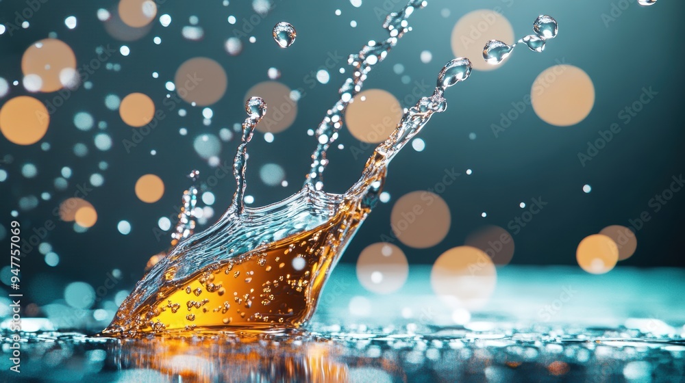 Poster a conceptual photograph showcasing the interplay between light and liquid, highlighting the dynamic 