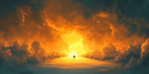 Naklejka premium A boat sails towards a bright light in the clouds.