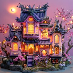 Enchanting Kawaii Japanese Inspired Haunted House with Intricate Clay Sculpture and Warm Lighting