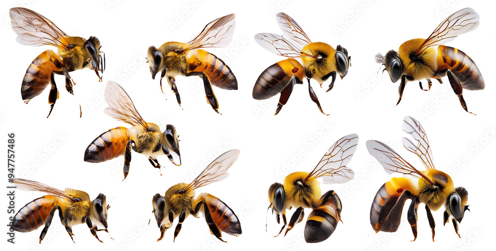 Wall mural collection of realistic bees in different flying positions isolated on transparent background