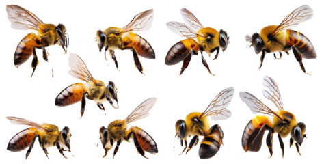 Collection of realistic bees in different flying positions isolated on transparent background