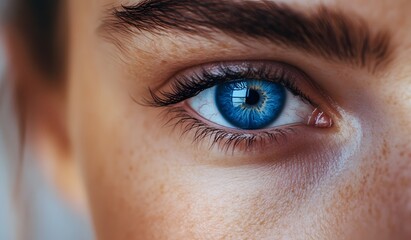 Fototapeta premium Close-up view of a beautiful woman's blue eye with black eyebrows, looking at the camera against a white background.