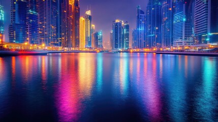 Fototapeta premium Nighttime Marina Lights: Captivating long exposure image of Dubai Marina at night, showcasing the colorful reflections of the city lights on the water.