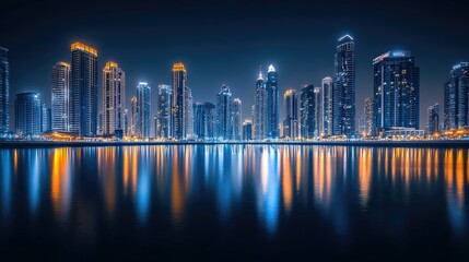 Fototapeta premium Nighttime Marina Serenity: A serene night view of Dubai Marina with long exposure reflections of the city lights dancing on the calm water.
