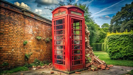 Fototapeta premium Vibrant stock photo of a traditional English telephone booth crumbling, symbolizing modern communication