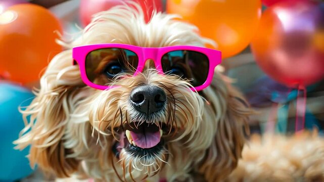 Celebratory puppy with pink sunglasses at festive party
