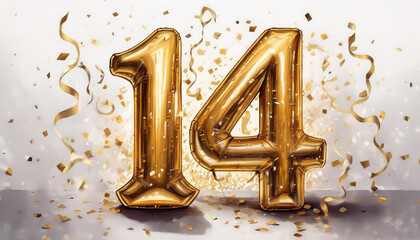 Gold birthday / anniversary balloon, number 14, white background