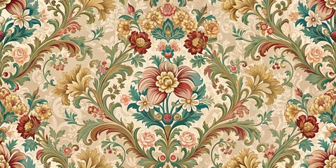 Baroque floral wallpaper with intricate designs in a 2D flat style, Baroque, floral, wallpaper, flat, design, intricate