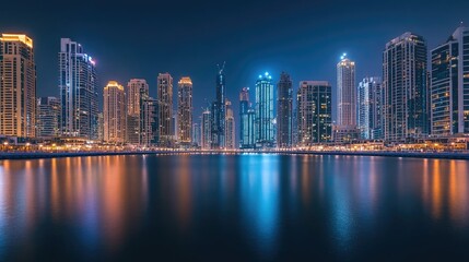 Nighttime Marina Serenity: A serene night view of Dubai Marina with long exposure reflections of the city lights dancing on the calm water.