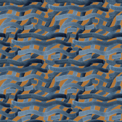 Hand painted watercolor blue indigo wave on brown background. Checkered waves seamless pattern. For fabric, sketchbook, wallpaper, wrapping paper.