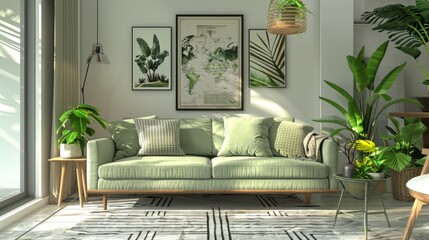  Urban Oasis Living Room with Mint Sofa, Modern Furniture, and Elegant Decor