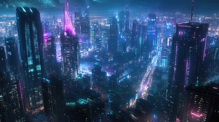 Nighttime view of a high-tech city with towering skyscrapers, neon lights, and advanced urban infrastructure. A perfect backdrop for cutting-edge tech themes.