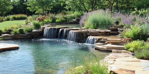 Naklejka premium Serene pond with cascading waterfalls and lush greenery.
