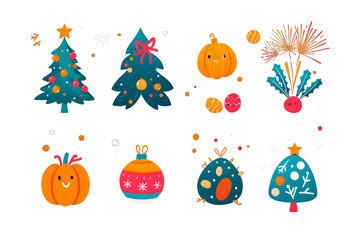 Fototapeta premium A whimsical set of holiday-themed icons featuring decorated Christmas trees, cheerful pumpkins, ornaments, and festive elements, perfect for seasonal designs, greeting cards, and digital decorations.