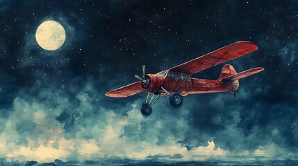 Naklejka premium Moonlit night with a vintage plane flying above, stars twinkling in the vast sky, blending shadows and light in a delicate watercolor scene
