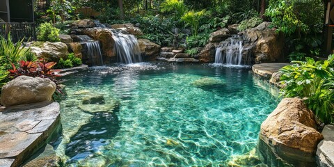 Naklejka premium Tropical oasis with a pool and waterfalls.