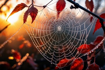 Dew-covered spider web between autumn leaves