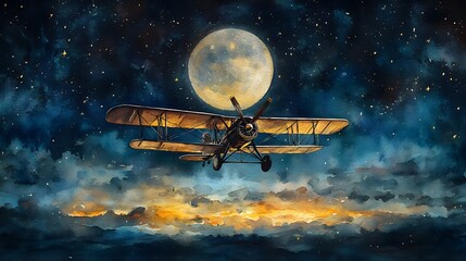 Naklejka premium Biplane under a glowing moon, its wings catching the light, surrounded by a sea of stars in a tranquil night sky, watercolor painting