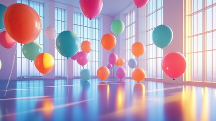 Playful 3D rendering of a room filled with colorful balloons, softly floating and casting reflections on the sleek floor.