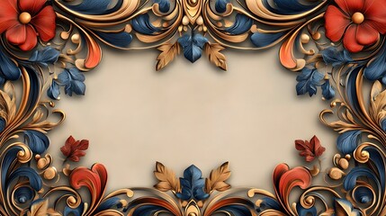 Ornate gold, blue and red floral frame with copy space on cream background. Template for quotes, and greetings cards.