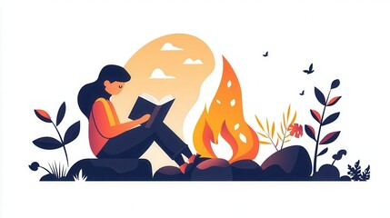 Camper reading book by fire, cozy atmosphere, flat design illustration