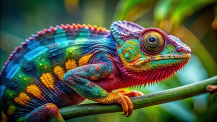 Obraz premium Vibrant chameleon changing colors in high definition, reptile, camouflage, transformation, colorful, lizard, wildlife