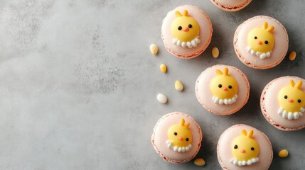 Obraz premium Playful Easter chick macarons with vanilla and lemon filling, arranged on a concrete background. Room for text or design elements in the copy space.