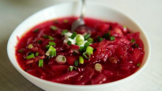 The hand of a man with a spoon takes borscht from the plate. The process of eating a home-cooked lunch.