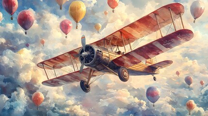 An antique airplane surrounded by a swirl of colorful balloons in a sky painted with soft, flowing watercolor strokes
