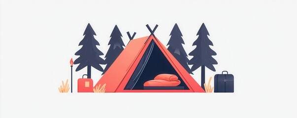 Tent with sleeping bags, pine forest, flat design illustration