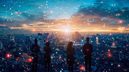 Silhouetted figures against a vibrant sunset, showcasing a network of connections over a city skyline