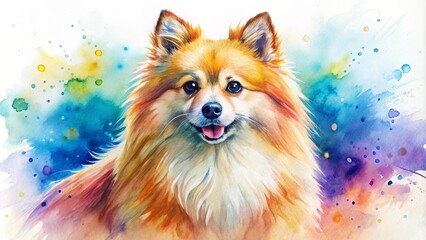 Watercolor painting of a fluffy spitz dog in a vibrant and detailed style