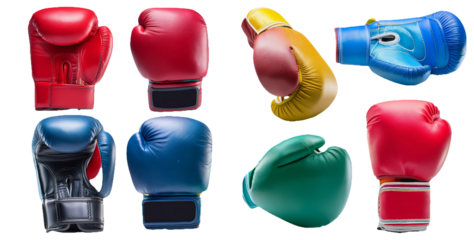Set of various colored boxing gloves isolated on transparent background