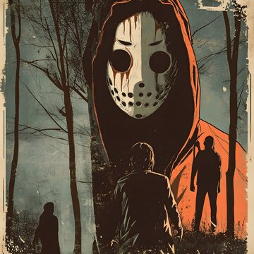 Terrifying Retro Slasher Movie Poster   A Masked Killer Stalks Unsuspecting Victims in Grungy 80s