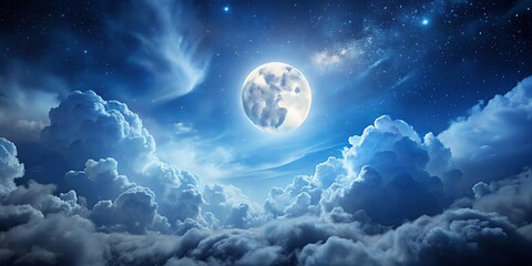 Fototapeta premium Night sky with a bright, full moon shining among scattered clouds