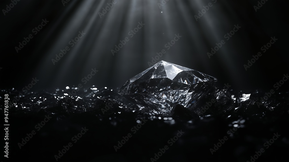 Poster a sparkling diamond illuminated by soft rays of light in a dark setting creates a dramatic and capti