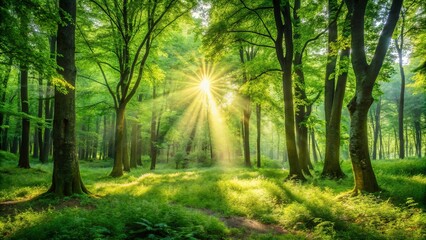 Obraz premium Lush green forest with sunlight filtering through the trees creating a serene summer backdrop