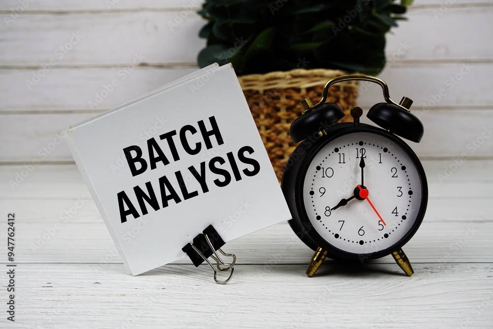 Poster batch analysis text message on sticky note with alarm clcok on wooden background